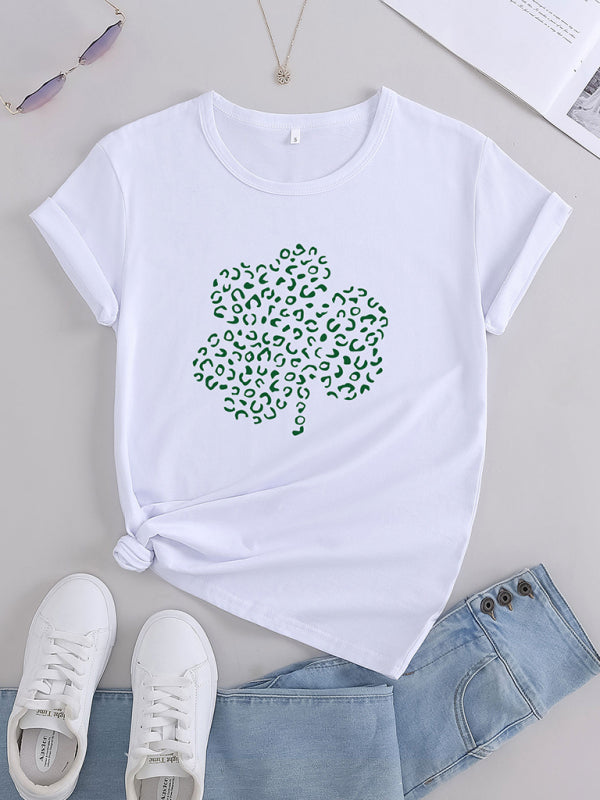Women's Crew Neck Graphic Printed Dotted Short Sleeve Four-leaf Clover T-shirt