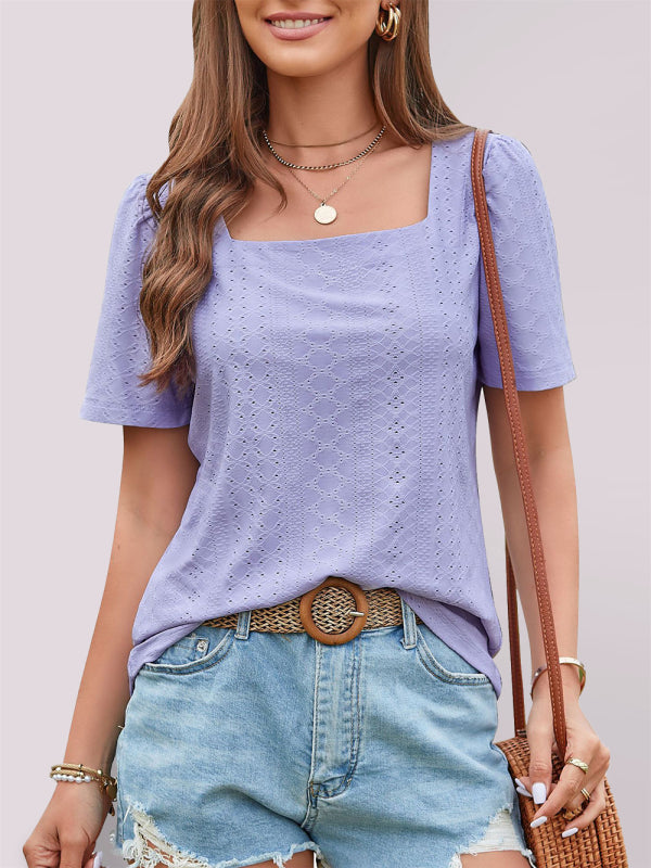 Women's Solid Color Puff Sleeve Square Neck Knit T-shirt