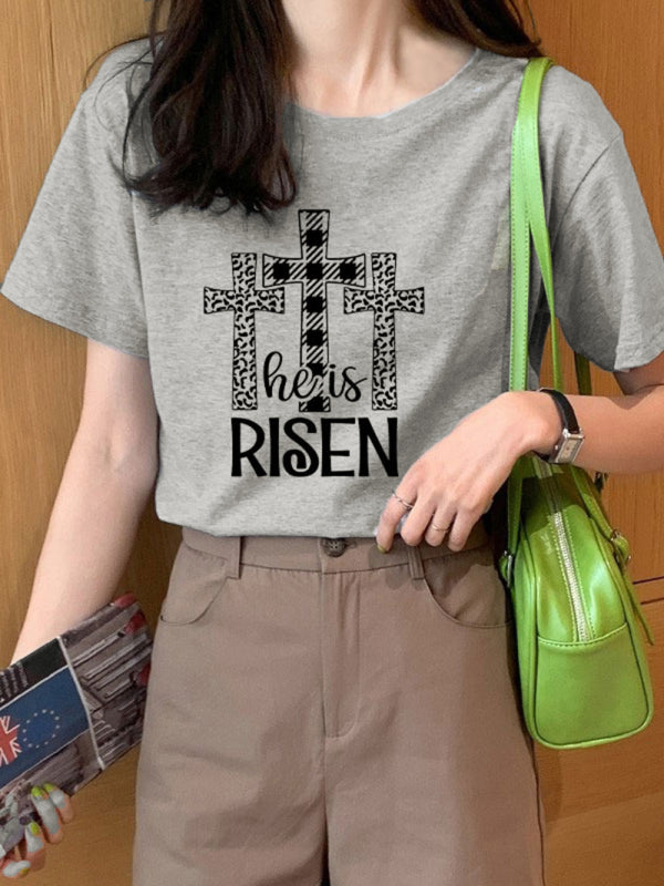 T-shirt girocollo con grafica Easter He Has Risen da donna 