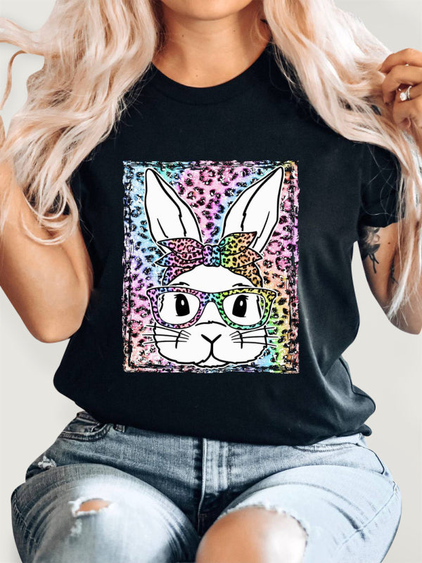 T-shirt a maniche corte con stampa grafica leopardata e coniglio da donna 