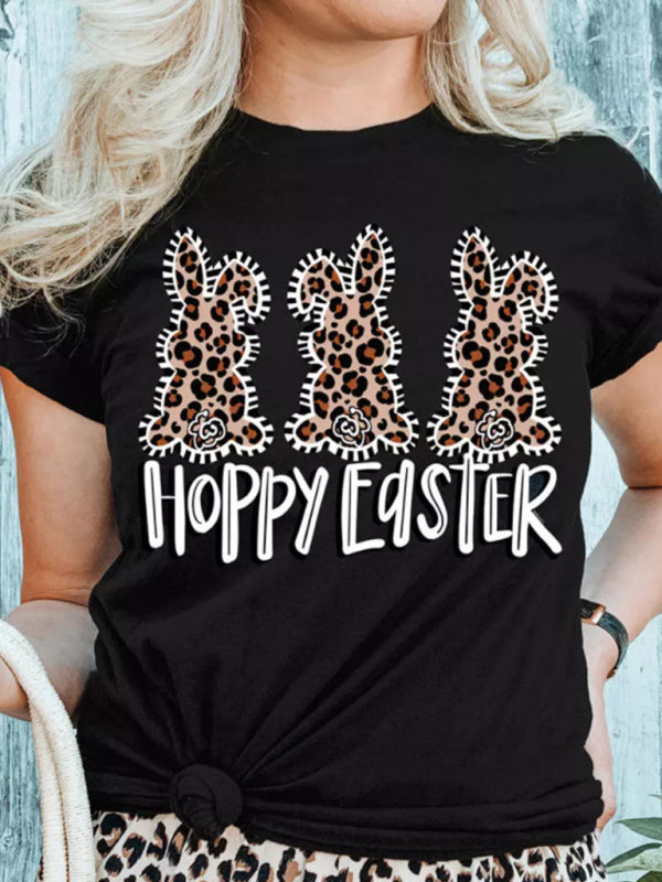 T-shirt con stampa leopardata da donna con coniglietto T-shirt grafica a manica corta pasquale 