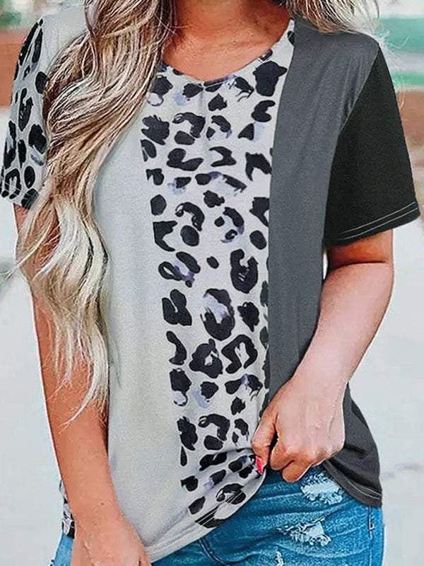 T-shirt da donna con scollo a V a maniche corte e stampa leopardata in bianco e nero 