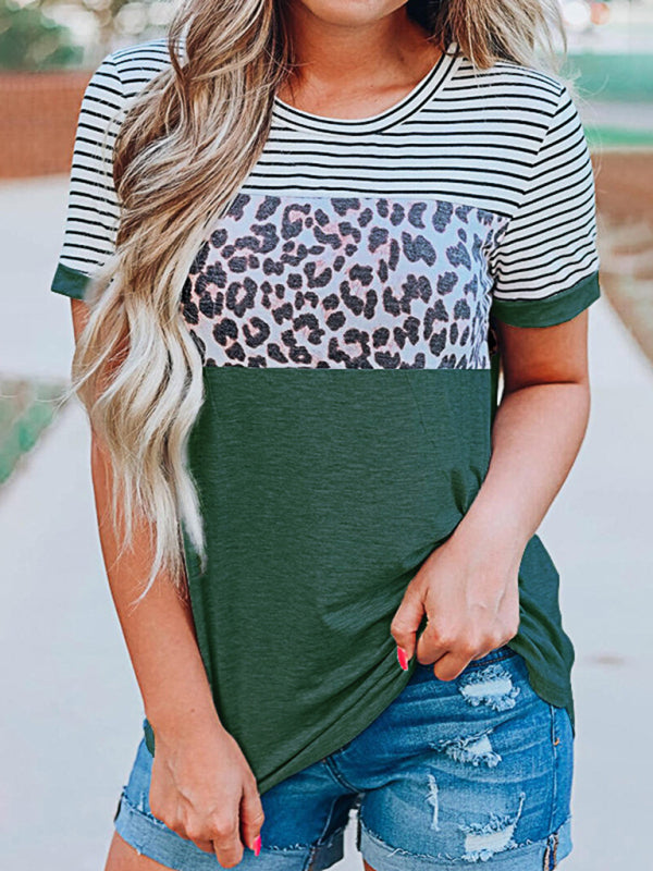 T-shirt da donna con stampa leopardata a righe multimediali 