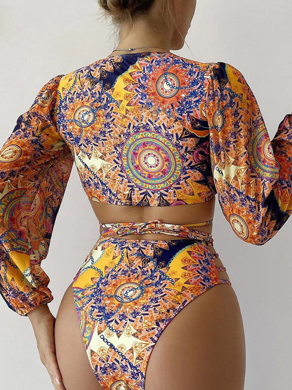 Set bikini da donna a maniche lunghe in rete stampata etnica 