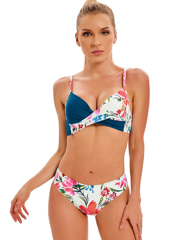 Media da donna in tinta unita con top bikini diviso con stampa floreale e set da bagno con bottoni abbinati 