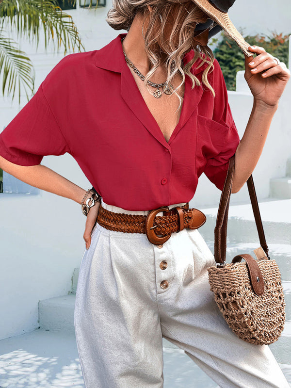Women's Solid Color Short Sleeve Button-up Shirt