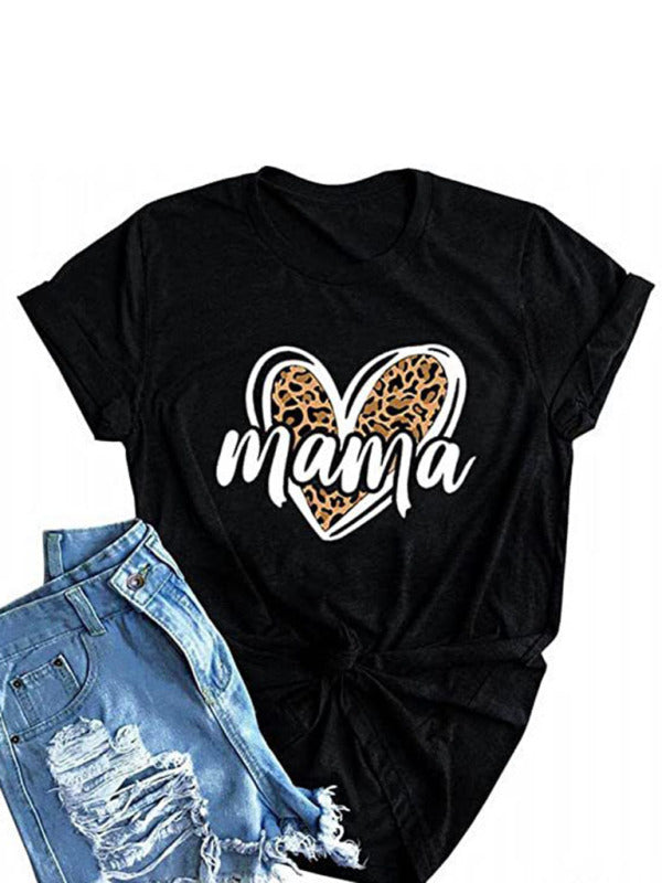 T-shirt da donna con stampa leopardata cuore MAMA per la festa della mamma 