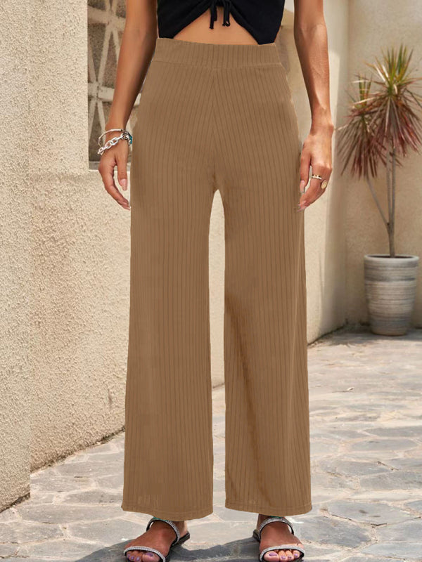 Women's solid color elastic waist casual wide leg pants