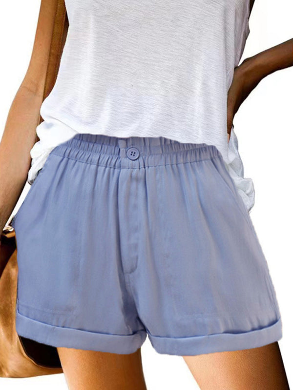 Pantaloncini casual da donna con tasca con cerniera e fibbia elastica in tinta unita 