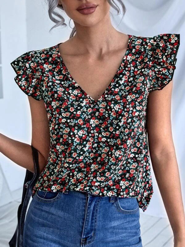 V-neck elegant floral print short-sleeved top