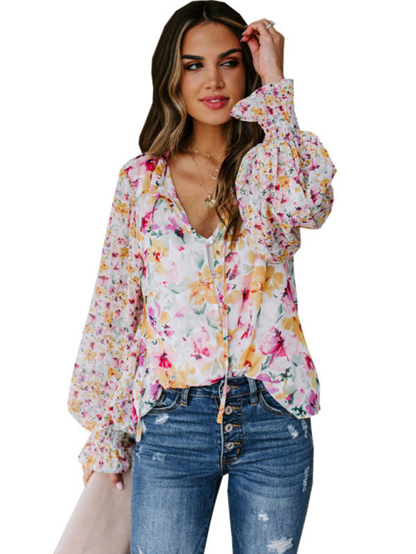 Women's casual loose floral lantern sleeve top