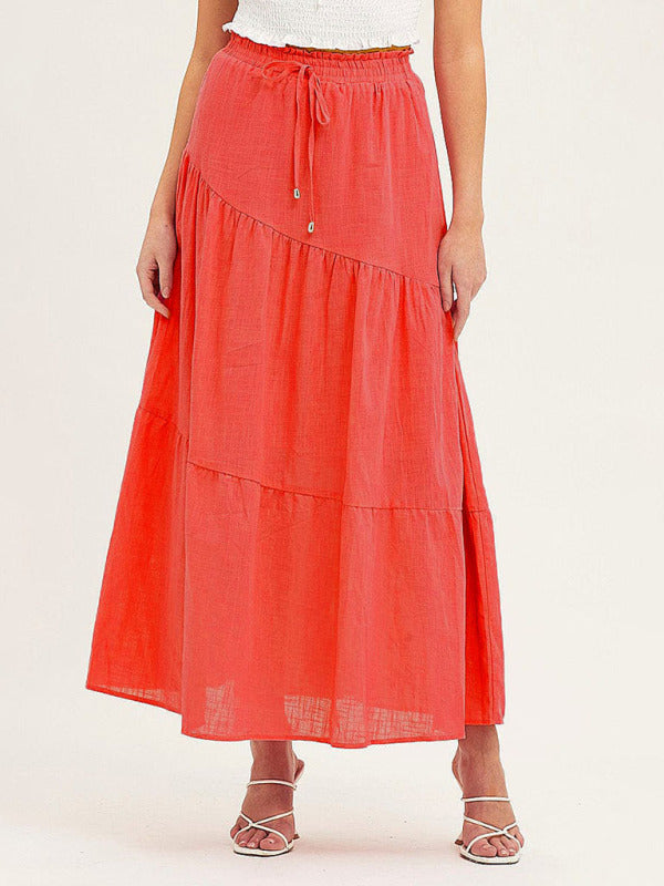 Women's high waist long skirt solid color elastic waist large swing pleated skirt