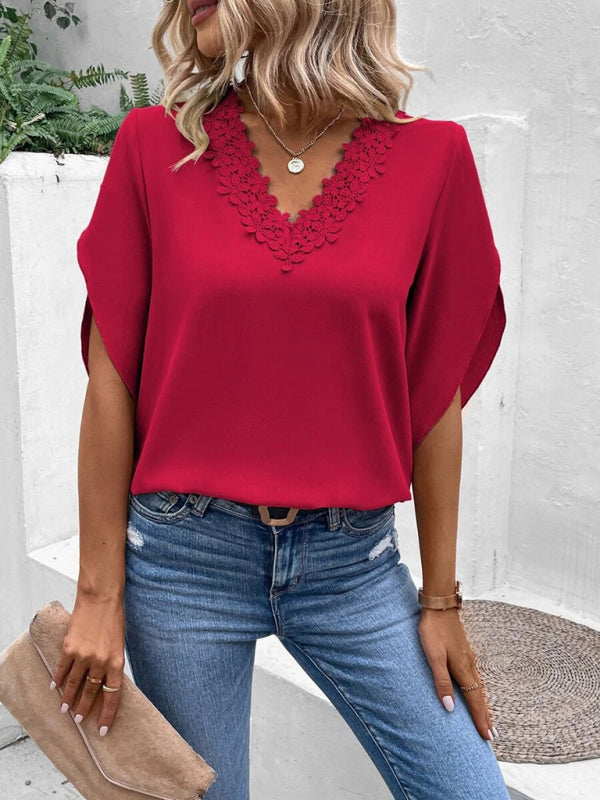 Women's Solid Color Lace V-neck Bell Sleeve Loose Top