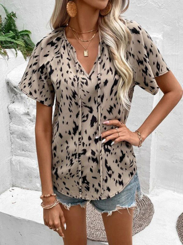Women's Woven Casual Fashion V-Neck Leopard Short Sleeve Shirt