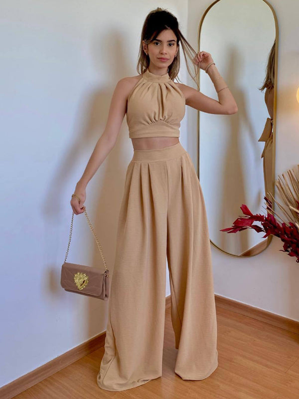 Women's Halter Neck Slim Temperament Wrapped Chest Pressed Folded High Waist Trousers Two-piece Set