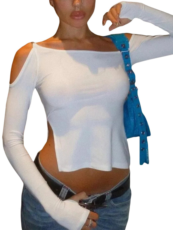 T-shirt da donna sexy con spacco senza spalline e collo rotondo a maniche lunghe 
