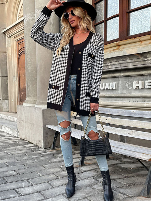 Women's Fashion Coat Long Sleeve Houndstooth Sweater Cardigan Mid Length