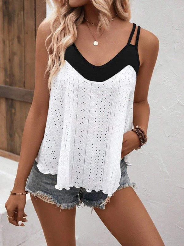 Double-shoulder camisole round neck jacquard color-block bottoming shirt