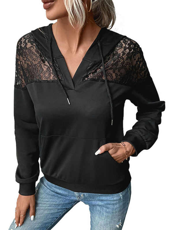 New long-sleeved black lace stitching women's hooded sweater