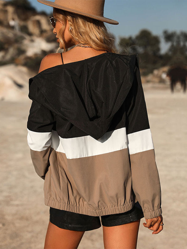 Nuova giacca a vento da donna a maniche lunghe con cappuccio e color block corto 