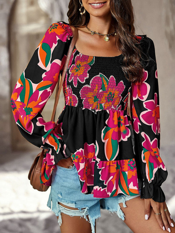 Women's Square Neck Temperament Casual Printed Long Sleeve Shirt Top