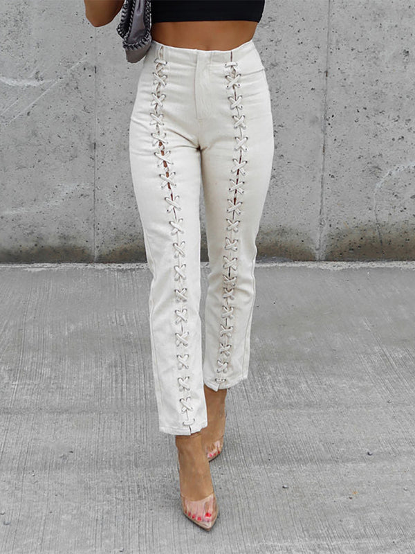 Women's High Waist Slim Perforated Lace Design Tight Trousers