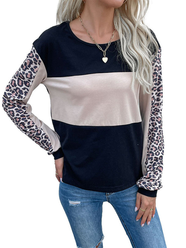 T-shirt a maniche lunghe con cuciture leopardate top casual allentato di nuova moda 