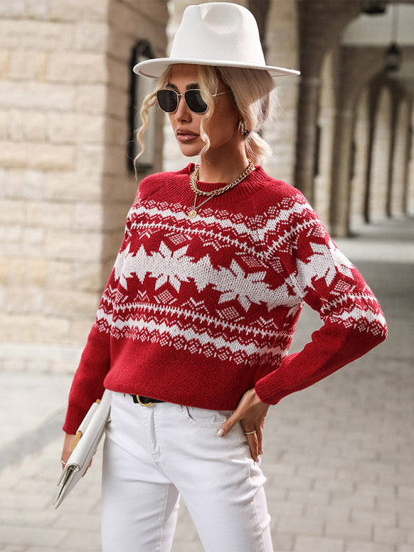 Maglione da donna con fiocco di neve natalizio lavorato a maglia rosso girocollo 