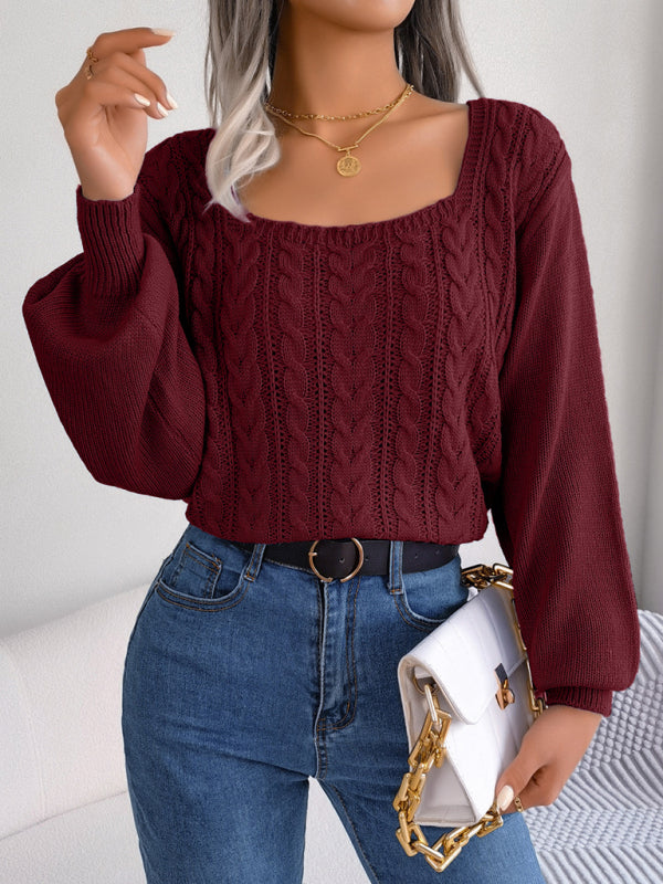 New casual square neck twist lantern sleeve pullover sweater