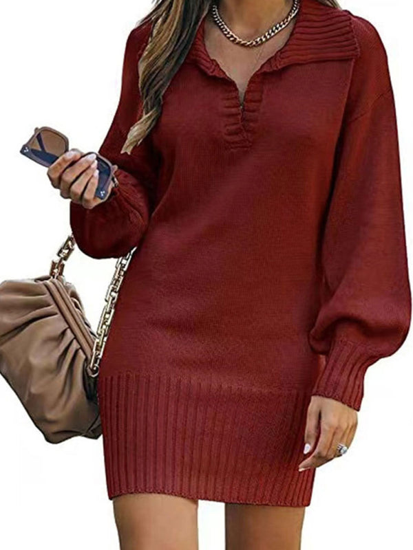 New women's sweater mid-length skirt lapel lantern sleeve pullover loose knitted sweater