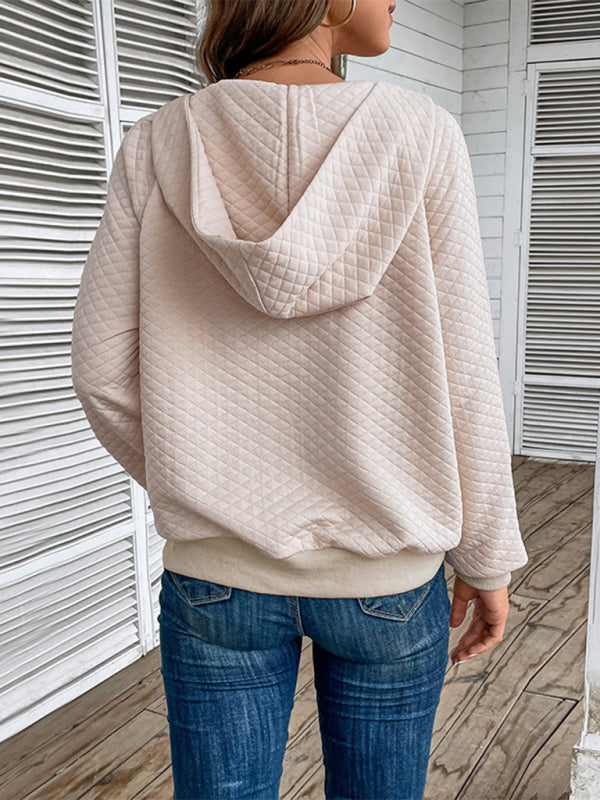Women's hooded long-sleeved solid color diamond check sweatshirt