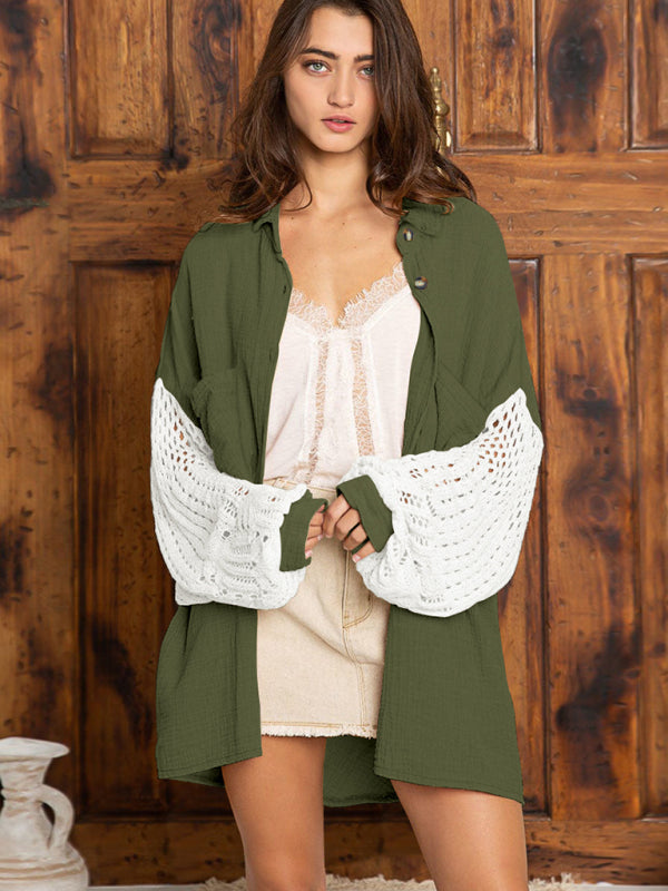 Camicia casual da donna a maniche lunghe patchwork lavorata a maglia 