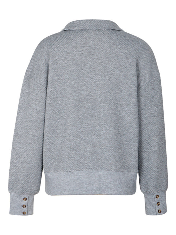 Women's new solid color lapel gray sweatshirt