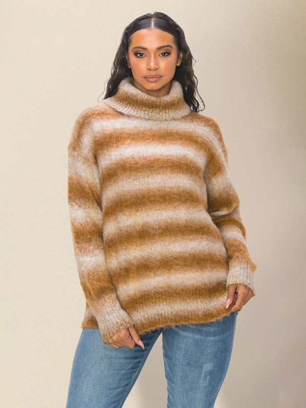 Women's Casual Striped Lapel Drop Shoulder Loose Sweater