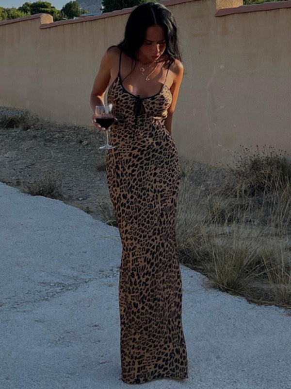 Abito da donna con stampa leopardata senza spalline sexy con scollo all'americana e cinturino alla moda 