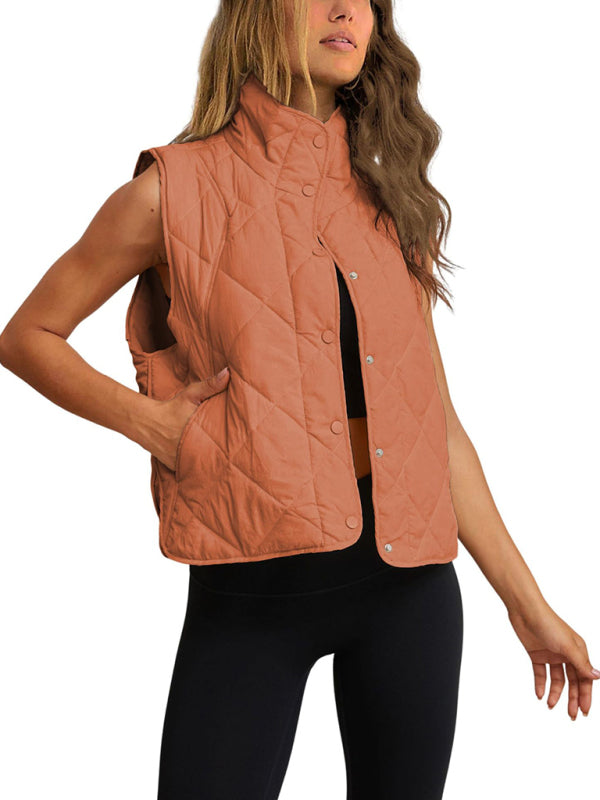 Women's Quilted Quilted Cotton Vest Stand Collar Lightweight Button Padded Waistcoat with Pockets