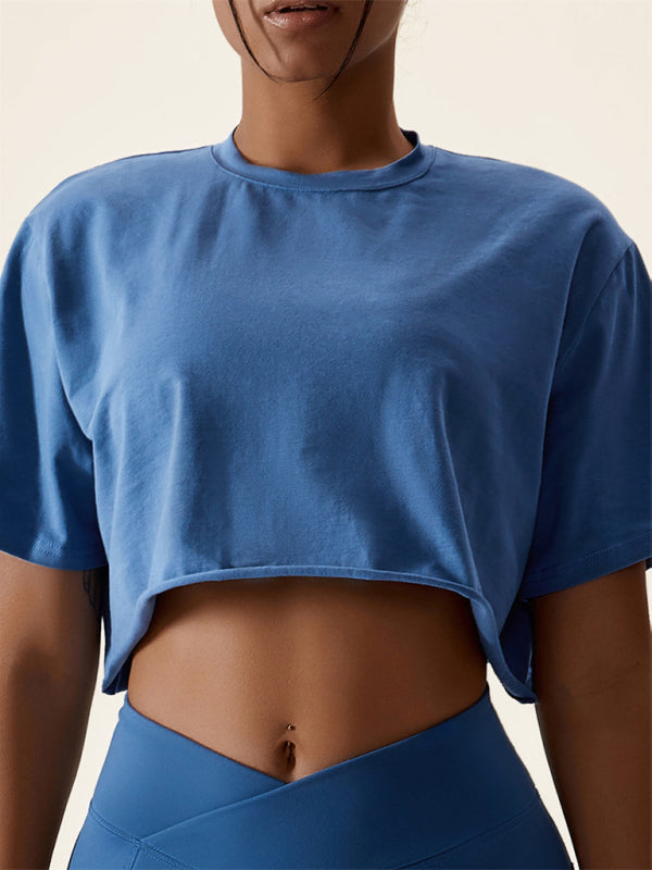 T-shirt sportiva ampia da donna con scollo tondo lavorato a maglia, versatile e fitness 