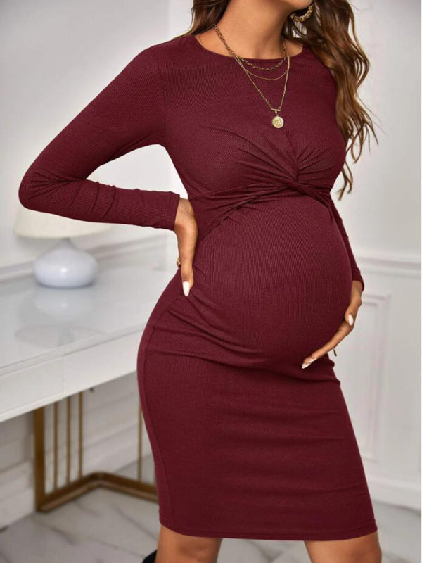 New round neck long sleeve knitted maternity dress tight solid color short maternity clothes