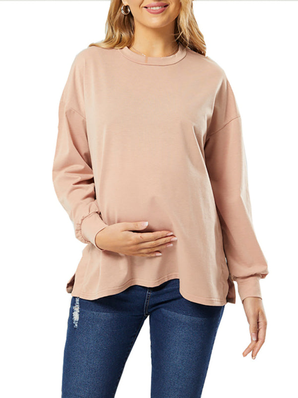 Solid color round neck long sleeve open bottoming top for pregnant mothers