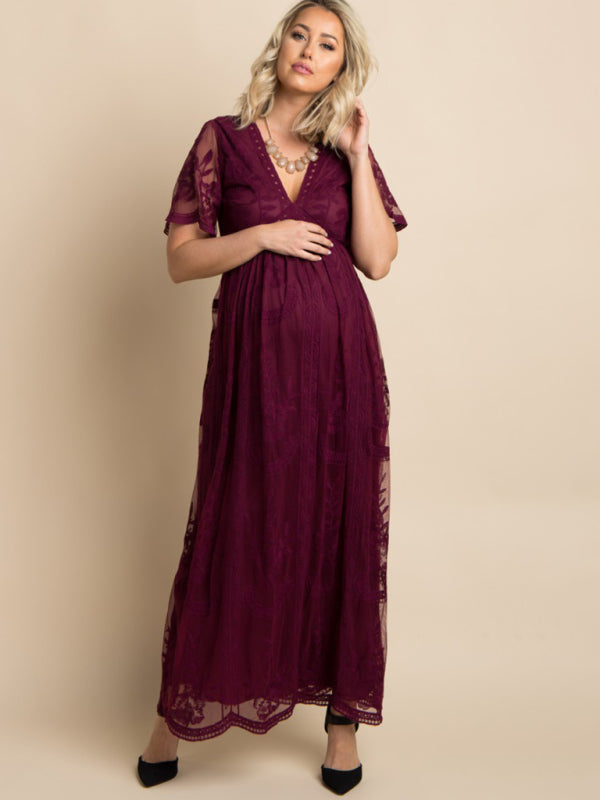 Maternity clothes-Woven short-sleeved V-neck lace long dress