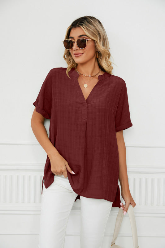 Women's v-neck casual pullover solid color loose shirt top