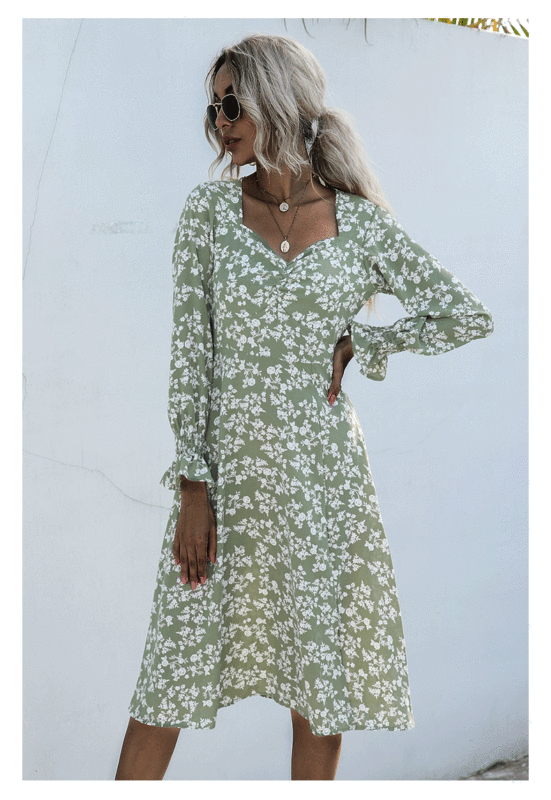 Long Sleeve V-Neck Pleated Cropped French Floral Dress