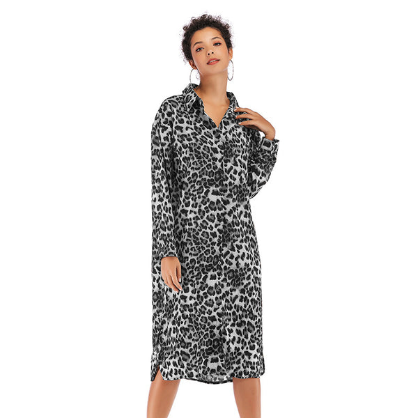 Vintage Loose Leopard Lapel Long Chiffon Shirt Dress