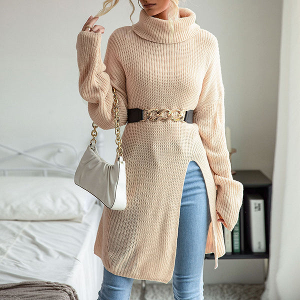 Women's Solid Color Slit Long Sleeve Turtleneck Sweater Dress